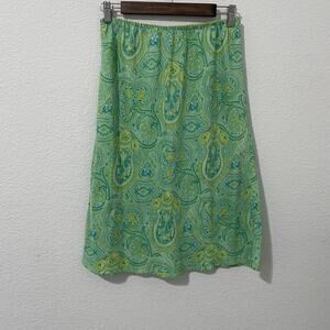 NY & CO Skirt Womens Size M Green Blue Paisley 100% Silk Below Knee Pull-0n